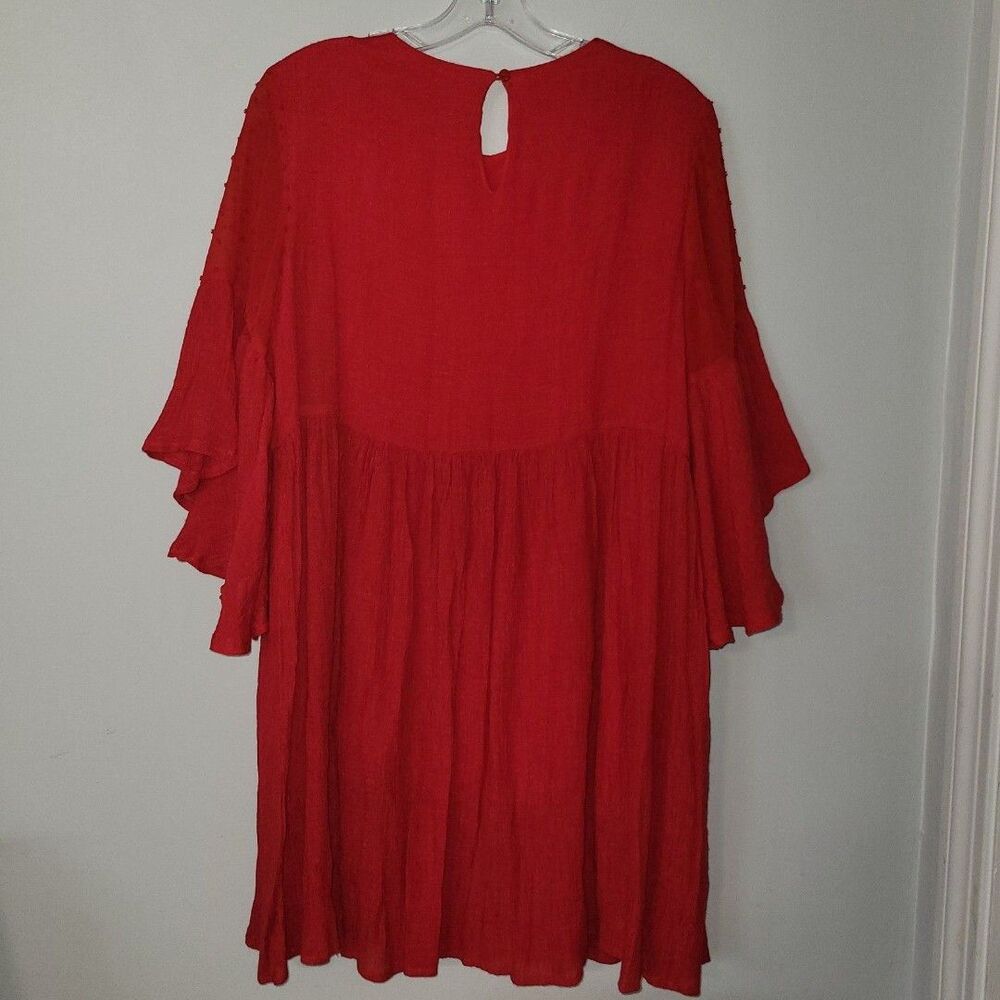 Umgee Embroidered Floral Bell Sleeve Babydoll Dress Red Size Medium Lightweight - Picture 6 of 8